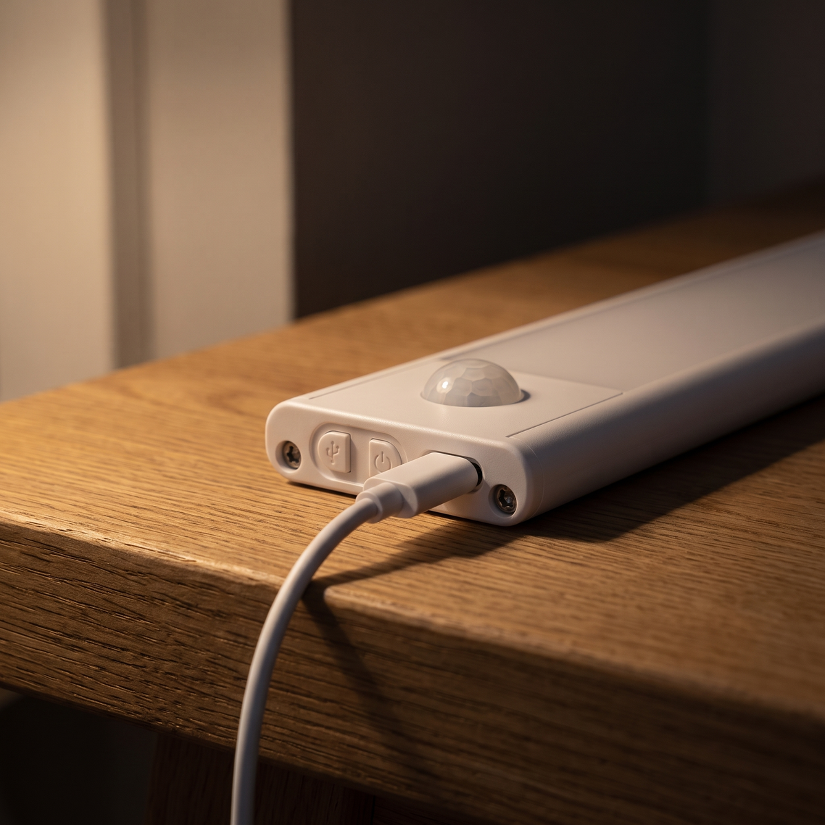 USB-C-kabel isatt i Lyras ändstycke, rörelsesensorn syns bredvid
